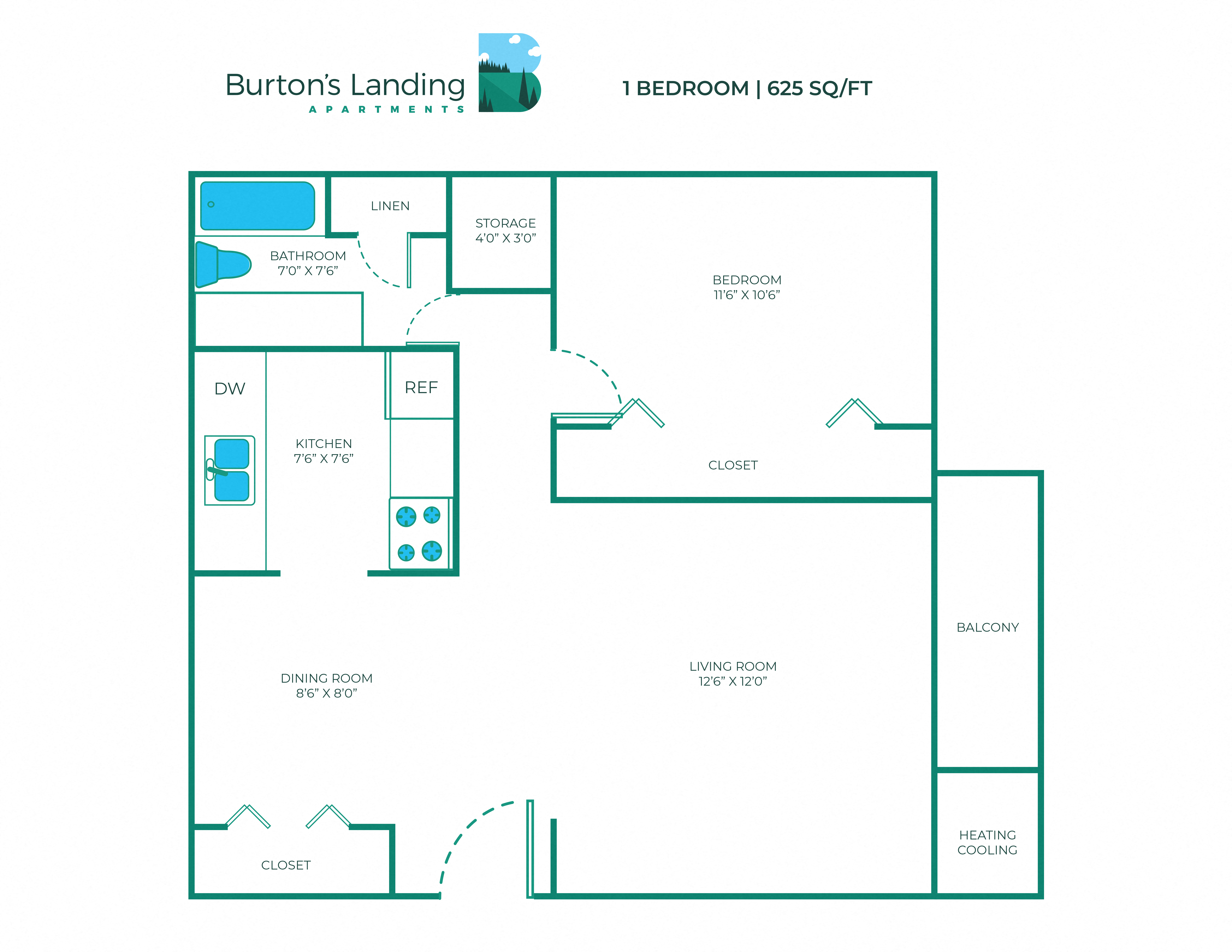 Floor plan for 1 bed, 1 bath, 625 sqft